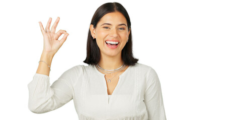 Okay, perfect and portrait of a woman with a hand sign for review or feedback for support. Happy...