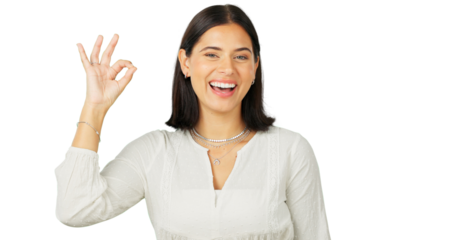 Okay, perfect and portrait of a woman with a hand sign for review or feedback for support. Happy young person and ok emoji for success, yes and agreement isolated on a transparent, png background