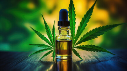 Essential oil in bottle with fresh green cannabis