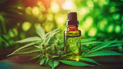 Essential oil in bottle with fresh green cannabis
