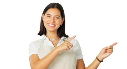 Portrait, pointing and marketing with a barista woman isolated on a transparent background. Smile, contact and promotion with a happy young female person on PNG for restaurant menu advertising