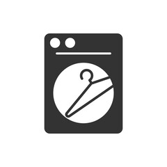 Isolated black sign logo of clothes washing machine, laundry symbol with illustrasion shirt hanger and button 