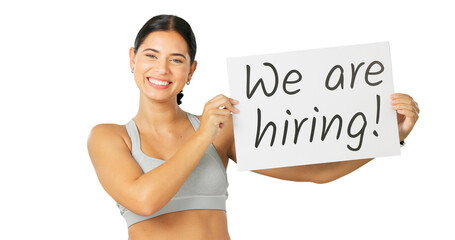 Happy woman, hiring poster and fitness for advertising, opportunity or workout at gym isolated on a transparent PNG background. Portrait of female person smile with billboard or sign for recruiting
