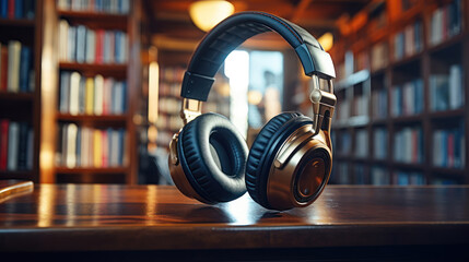 Obraz na płótnie Canvas Headphones in a library setting