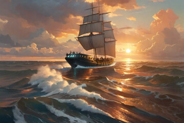 Ship in sunset, beautiful scenery, photo as wallpaper