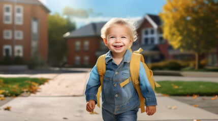 A three year old  boy is on his way to school or kindergarten