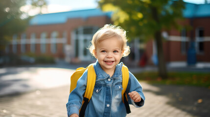 A three year old  boy is on his way to school or kindergarten