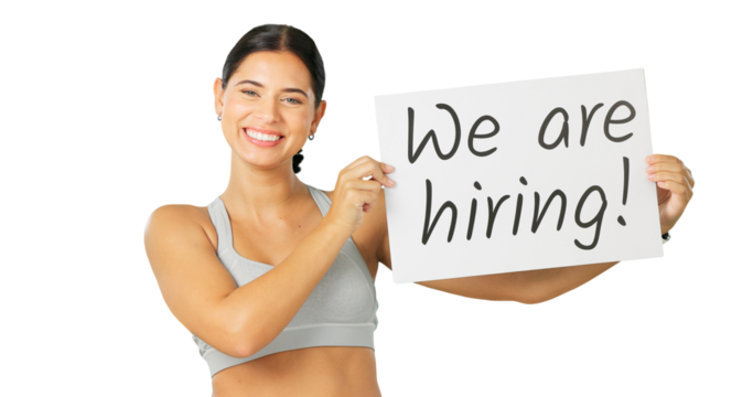 Happy woman, hiring poster and fitness for advertising, opportunity or workout at gym isolated on a transparent PNG background. Portrait of female person smile with billboard or sign for recruiting