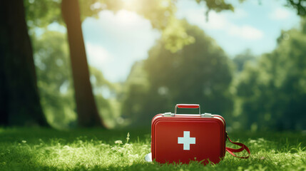 Copy space available on bokeh park background, first aid medical red kit