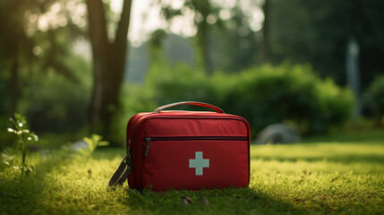 First aid medical red kit  on bokeh park background