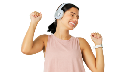 Music, dance and smile with a woman in headphones isolated on a transparent background for fun. Freedom, energy and a happy young female person streaming audio or listening to the radio on PNG