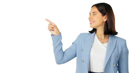 Business woman, pointing or advertising presentation while isolated on transparent png background....