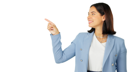 Business woman, pointing or advertising presentation while isolated on transparent png background. Happy worker show promotion of deal, announcement and review feedback, offer or information about us