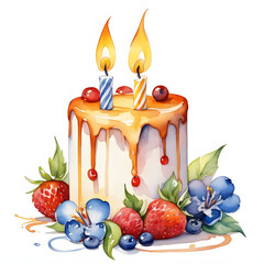 Fruit Cake with blueberries and strawberries, two candles, leaves, and cream. Look delicious, tasty, and yummy. Birthday, party, and celebration elements.