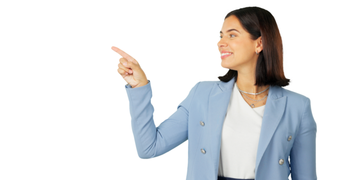 Business woman, pointing or advertising presentation while isolated on transparent png background. Happy worker show promotion of deal, announcement and review feedback, offer or information about us