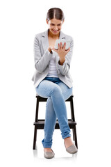 Happy, business woman and reading on tablet with news, announcement or information on transparent,...
