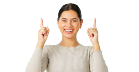Portrait, pointing up and hands of a woman for coming soon announcement isolated on a transparent background. Smile, review and feedback with a happy young person on PNG for marketing or advertising