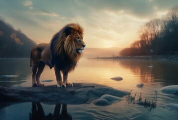 Obraz premium lion in the river in the middle of the forest. generative ai