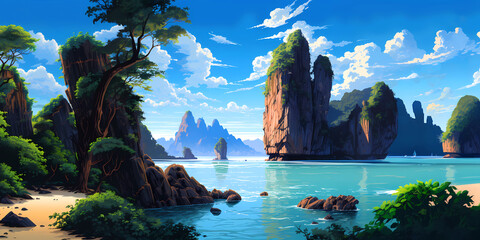 Illustration of a beautiful view of James Bond Island, Thailand
