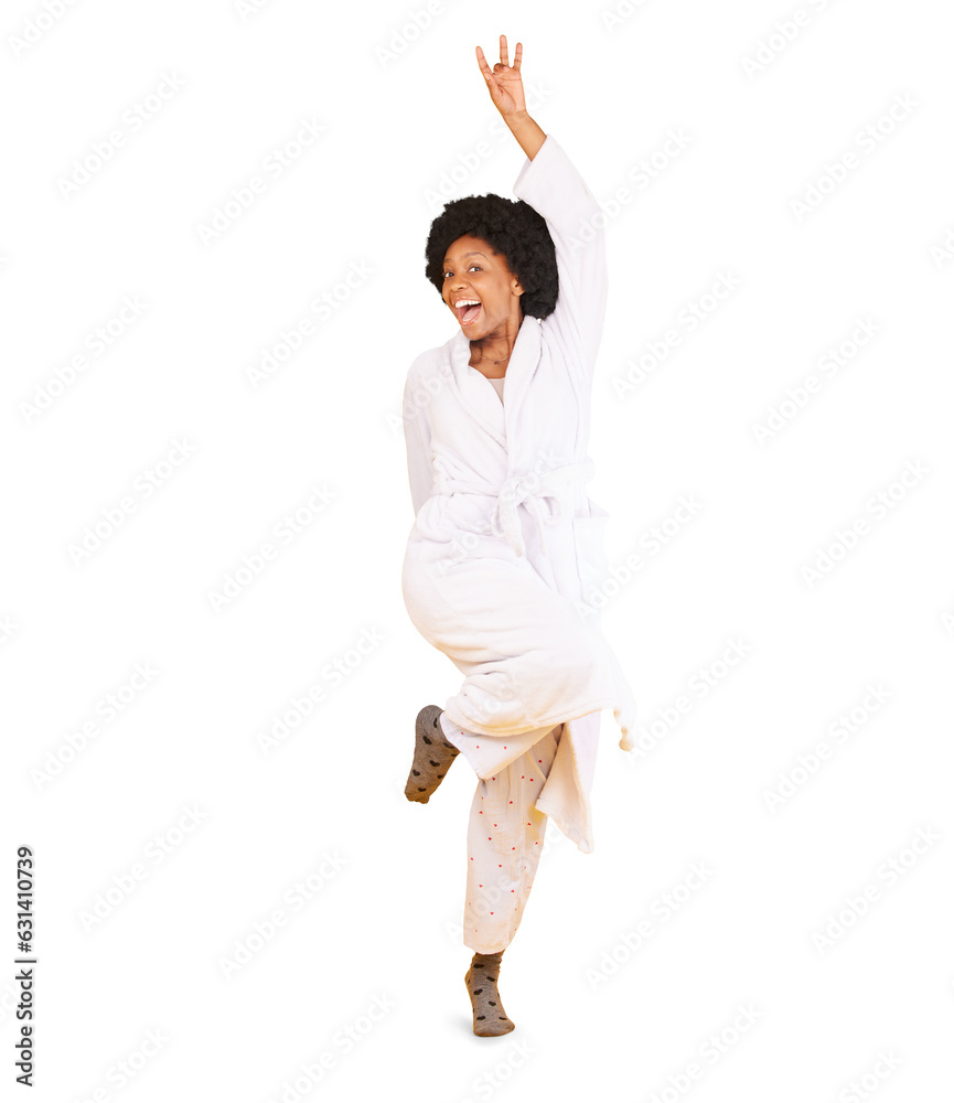 Canvas Prints Portrait, excited and black woman in pajamas or girl dance in hotel bathrobe on transparent, isolated or png background. Face, African female and happy model with smile in morning with energy