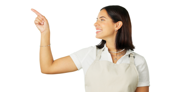 Pointing finger, advertising and happy waitress woman isolated on a transparent, png background. Deal, sale and female barista with a apron show announcement, marketing and a choice or option on menu