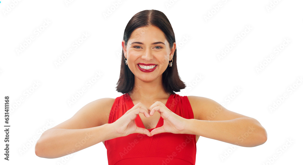 Canvas Prints Portrait, woman and smile with hands in heart for love, kindness and charity donation isolated on a transparent png background. Face of model, finger shape and thank you for emoji, care and hope icon