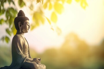 Vesak Day concept: Buddha statue in nature sunset blurred background, Generative AI - obrazy, fototapety, plakaty