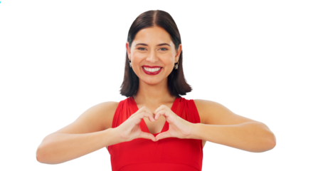 Portrait, woman and smile with hands in heart for love, kindness and charity donation isolated on a transparent png background. Face of model, finger shape and thank you for emoji, care and hope icon