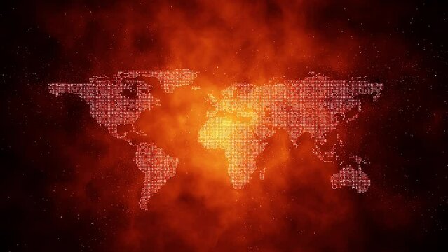 Concept red dangerous world map on fire background. Seamless looping.
