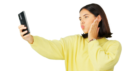 Beauty, woman and selfie with kiss isolated on a transparent png background. Pout, photo or person taking picture for happy memory, influencer on social media for live streaming or photography online