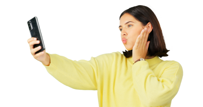 Beauty, woman and selfie with kiss isolated on a transparent png background. Pout, photo or person taking picture for happy memory, influencer on social media for live streaming or photography online