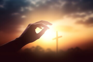 Help hand of God reaching over blurred cross on sunrise  background, Generative AI