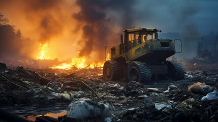 Dump truck in a waste dump with flames and garbage in the background. Tractor working in a toxic landfill that is on fire. Plastic pollution concept. Bulldozer driving in a flaming trash yard.