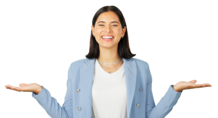 Portrait, choice and offer with a business woman isolated on a transparent background for a product comparison. Smile, advertising and promotion with an option in the hands of an employee on PNG