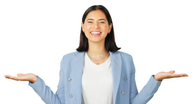 Portrait, choice and offer with a business woman isolated on a transparent background for a product comparison. Smile, advertising and promotion with an option in the hands of an employee on PNG - Powered by Adobe