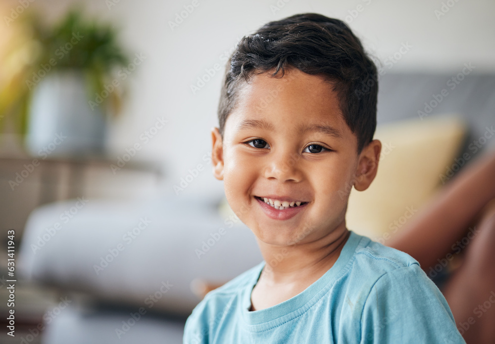 Canvas Prints Kid, smile portrait and happy in family home in the morning feeling relax in living room. Face, kids and house with a young child, boy and cute son from Peru on the weekend with joy and youth