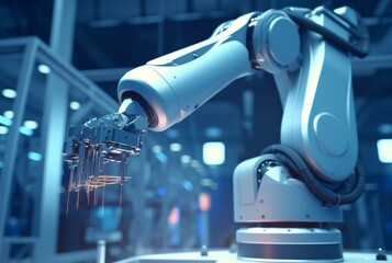 Mechanical industrial robotic arm for assembly in factory production line. generative ai