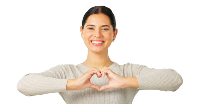 Happy portrait, heart and hands of woman for care, kindness or charity donation isolated on transparent png background. Face of model smile with finger shape, icon or thank you emoji for love or hope