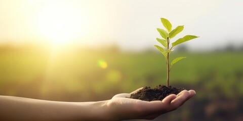 World environment day concept: Human hand holding small tree over blurred agriculture field background, Generative AI