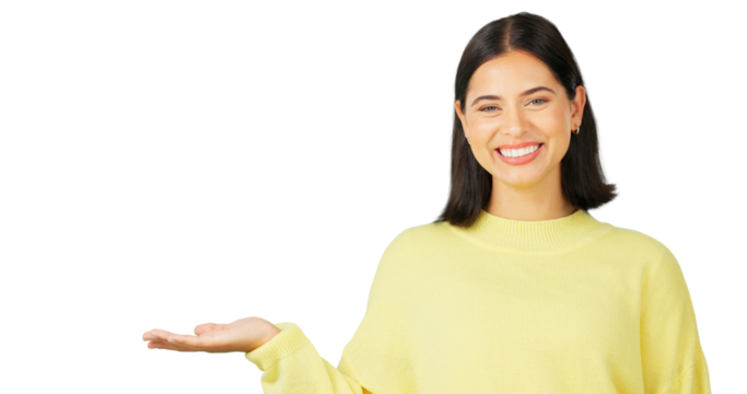 Woman, portrait and hands advertising presentation of advice isolated on a transparent png background. Happy model show promotion of deal, sale and announcement of news, review and product placement - Powered by Adobe