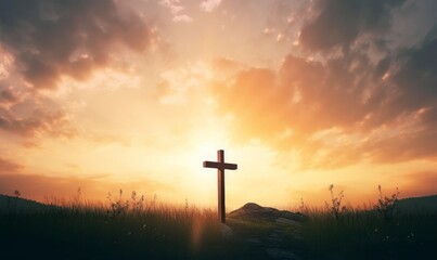 Good Friday concept: cross on sunset sky background, Generative AI