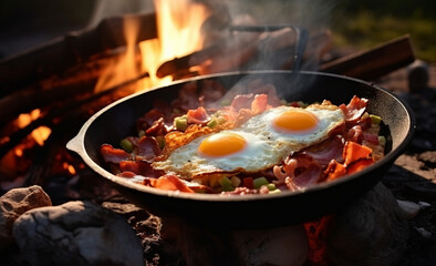 Fototapeta premium Camping breakfast with bacon and eggs in a cast iron skillet. Fried eggs with bacon in a pan in the forest. Food at the camp. Scrambled eggs with bacon on fire. Picnic. Generative AI.