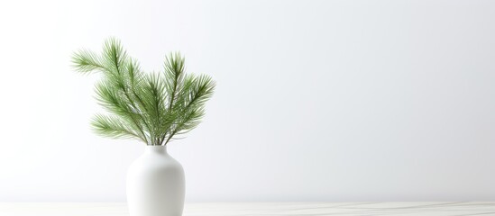 A blank white wall mockup featuring green fir branches in a vase on a white table, perfect for