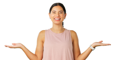 Happy woman, decision and palm in choice, scale or option isolated on a transparent PNG background. Portrait of female person smile and hands out in fitness for marketing, advertising or presentation