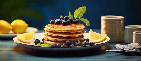 A blue plate is stacked with raisin pancakes and topped with lemon rind. A fork is placed on the