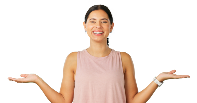Happy woman, decision and palm in choice, scale or option isolated on a transparent PNG background. Portrait of female person smile and hands out in fitness for marketing, advertising or presentation