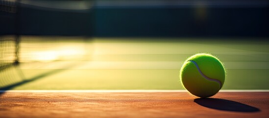 A close-up image of a tennis ball and racket lying on a sunny tennis court, with copy space available