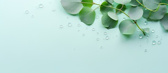 Fototapeta na wymiar A composition of natural eucalyptus leaves with water drops on a mint pastel green background.