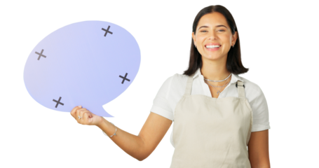 Billboard, happy woman and barista portrait with speech bubble voice, hospitality communication or restaurant commercial. Social media, tracking markers and cafe person on transparent, png background