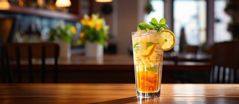 A delectable, refreshing lemonade is placed on a wooden table in a charming local cafe. The addition